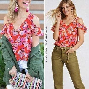 CAbi Orange Floral Lush Blouse Cold Shoulder #5352 Top Short Sleeve